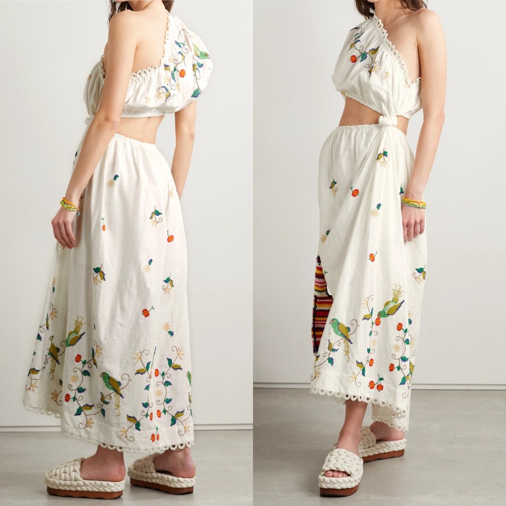 FARM Rio Embroidered One Shoulder Maxi Dress Cutout Floral White S Cottagecore - Picture 2 of 9